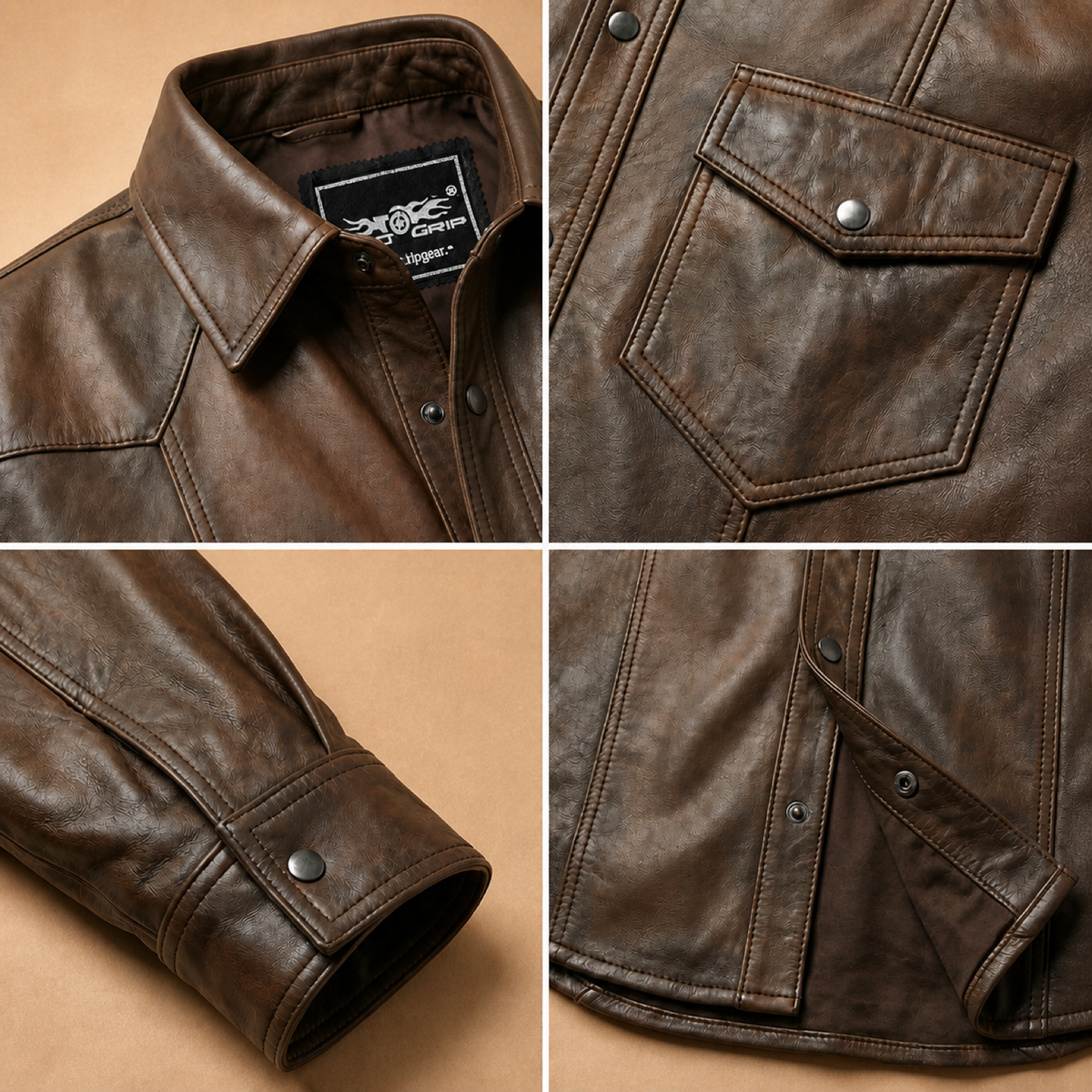 Men's Vintage Distressed Brown Lambskin Leather Shirt - motogrip mens distressed brown lambskin leather shirt close up square