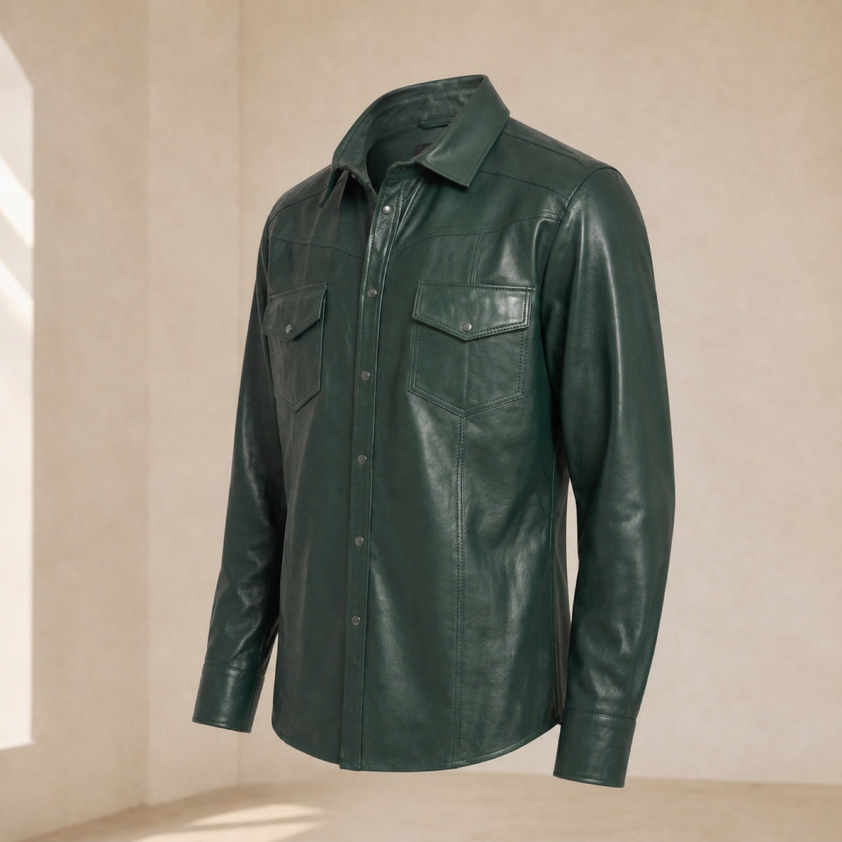 Men's Forest Green Lambskin Leather Shirt - motogrip mens forest green lambskin leather shirt side angle view by MOTOGRIP GEA