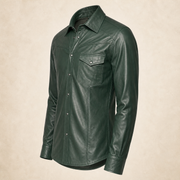 Men's Green Lambskin Leather Biker Shirt - motogrip mens green lambskin leather shirt side view by MOTOGRIP GEAR
