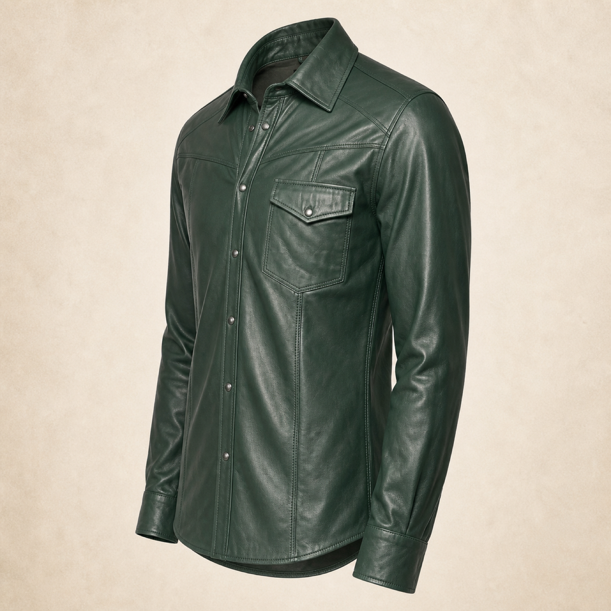 Men's Green Lambskin Leather Biker Shirt - motogrip mens green lambskin leather shirt side view by MOTOGRIP GEAR