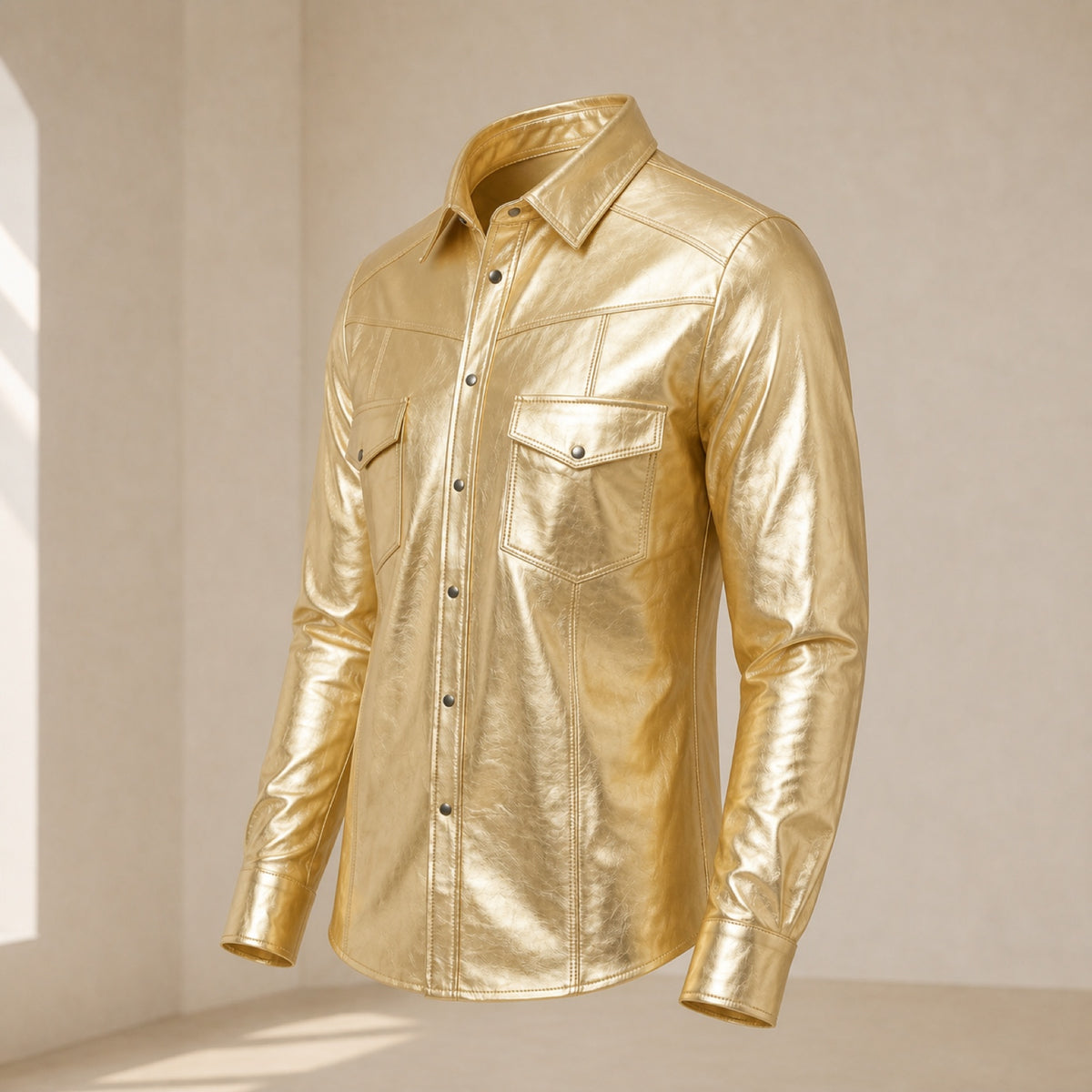 Men's Metallic Gold Lambskin Leather Shirt - motogrip mens metallic gold lambskin leather shirt side angle view by MOTOGRIP G