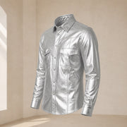 Men's Metallic Silver Lambskin Leather Shirt - motogrip mens metallic silver lambskin leather shirt side angle view by MOTOGR