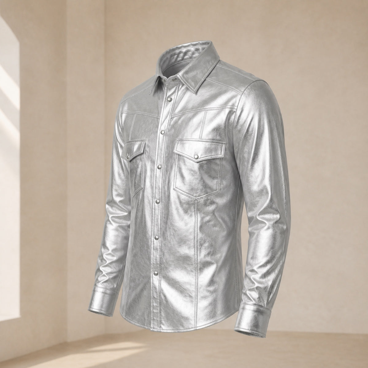 Men's Metallic Silver Lambskin Leather Shirt - motogrip mens metallic silver lambskin leather shirt side angle view by MOTOGR