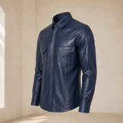 Men's Navy Lambskin Leather Shirt - motogrip mens navy lambskin leather shirt side angle view by MOTOGRIP GEAR