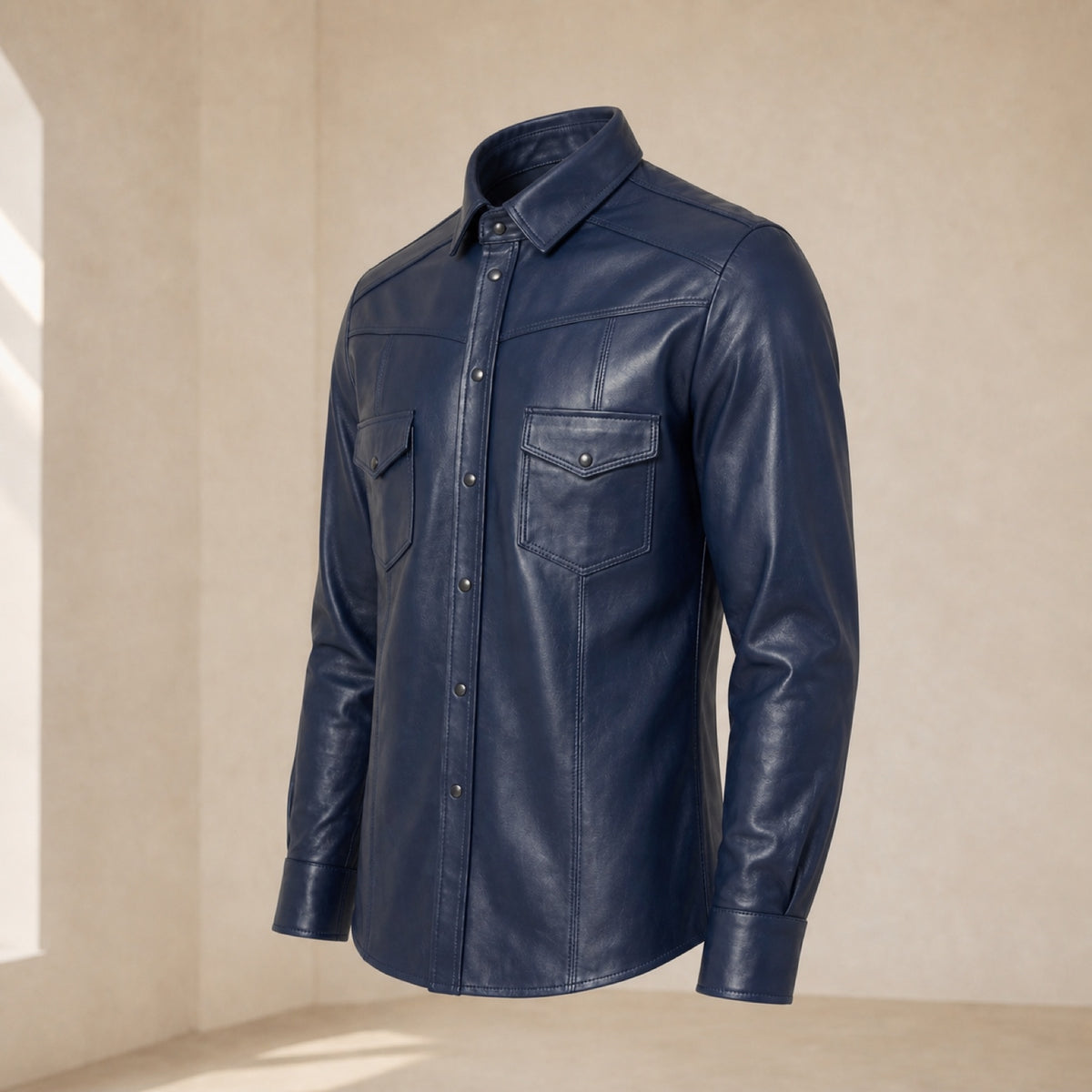 Men's Navy Lambskin Leather Shirt - motogrip mens navy lambskin leather shirt side angle view by MOTOGRIP GEAR