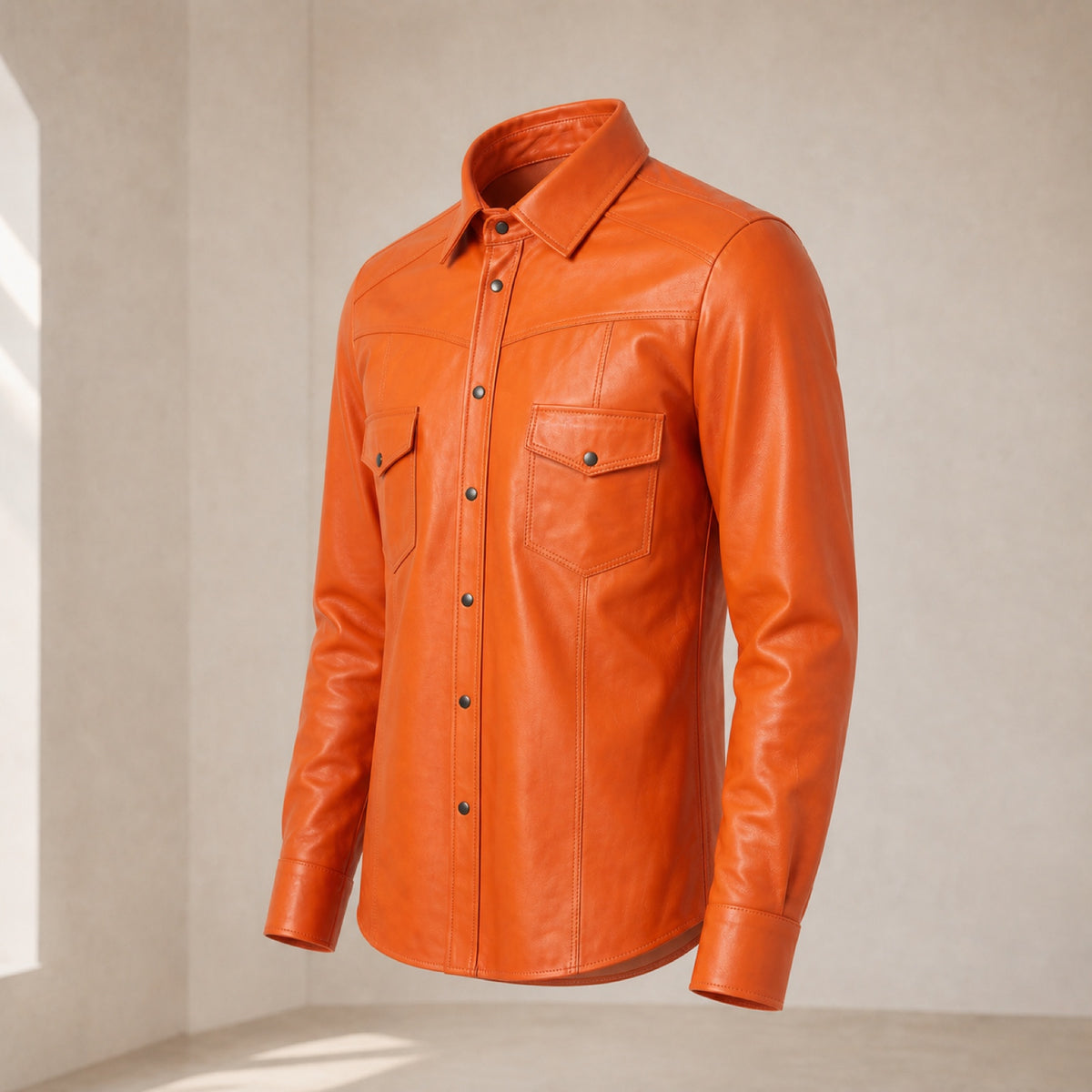 Men's Orange Lambskin Leather Shirt - motogrip mens orange lambskin leather shirt side angle view by MOTOGRIP GEAR
