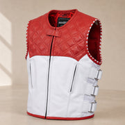 Men's White & Red Quilted Cowhide Leather Motorcycle Vest - motogrip mens red white quilted swat leather vest side angle view