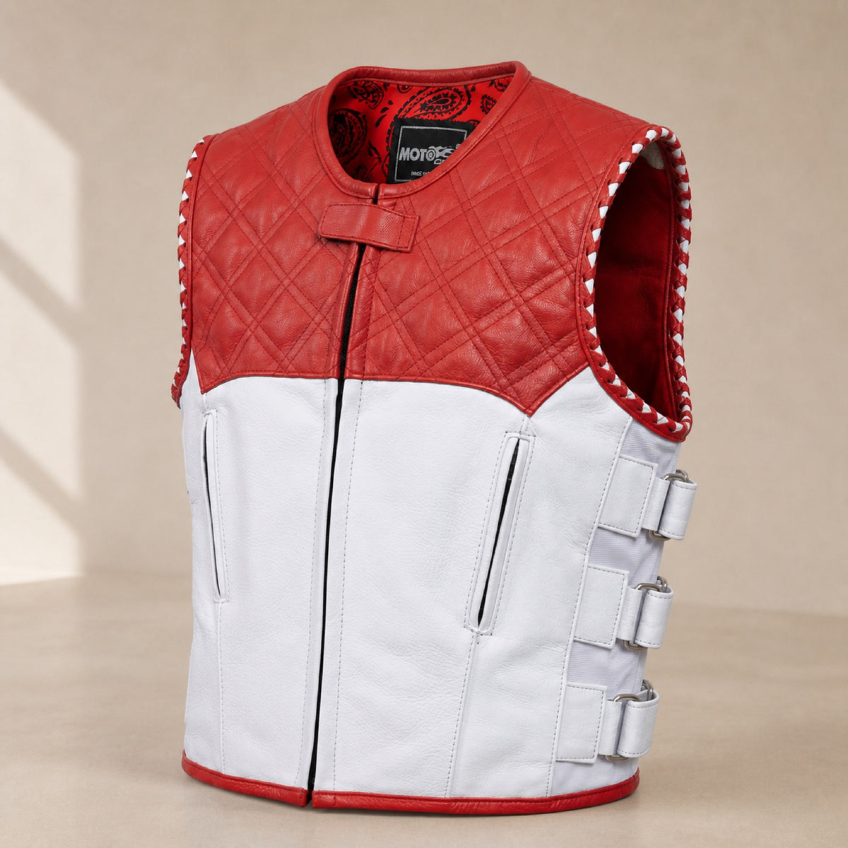 Men's White & Red Quilted Cowhide Leather Motorcycle Vest - motogrip mens red white quilted swat leather vest side angle view
