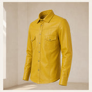 Men's Yellow Lambskin Leather Shirt - motogrip mens yellow lambskin leather shirt side angle view by MOTOGRIP GEAR