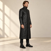 Nightwarden black Napa leather trench coat three-quarter side view