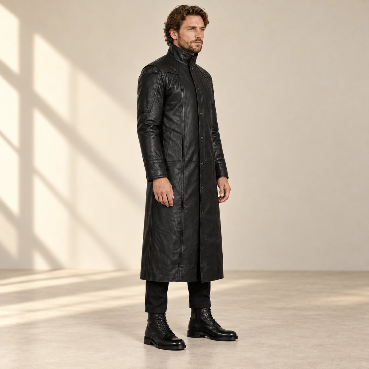 Nightwarden black Napa leather trench coat three-quarter side view
