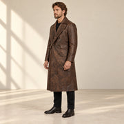 Prestwick dark brown leather long coat three-quarter side view