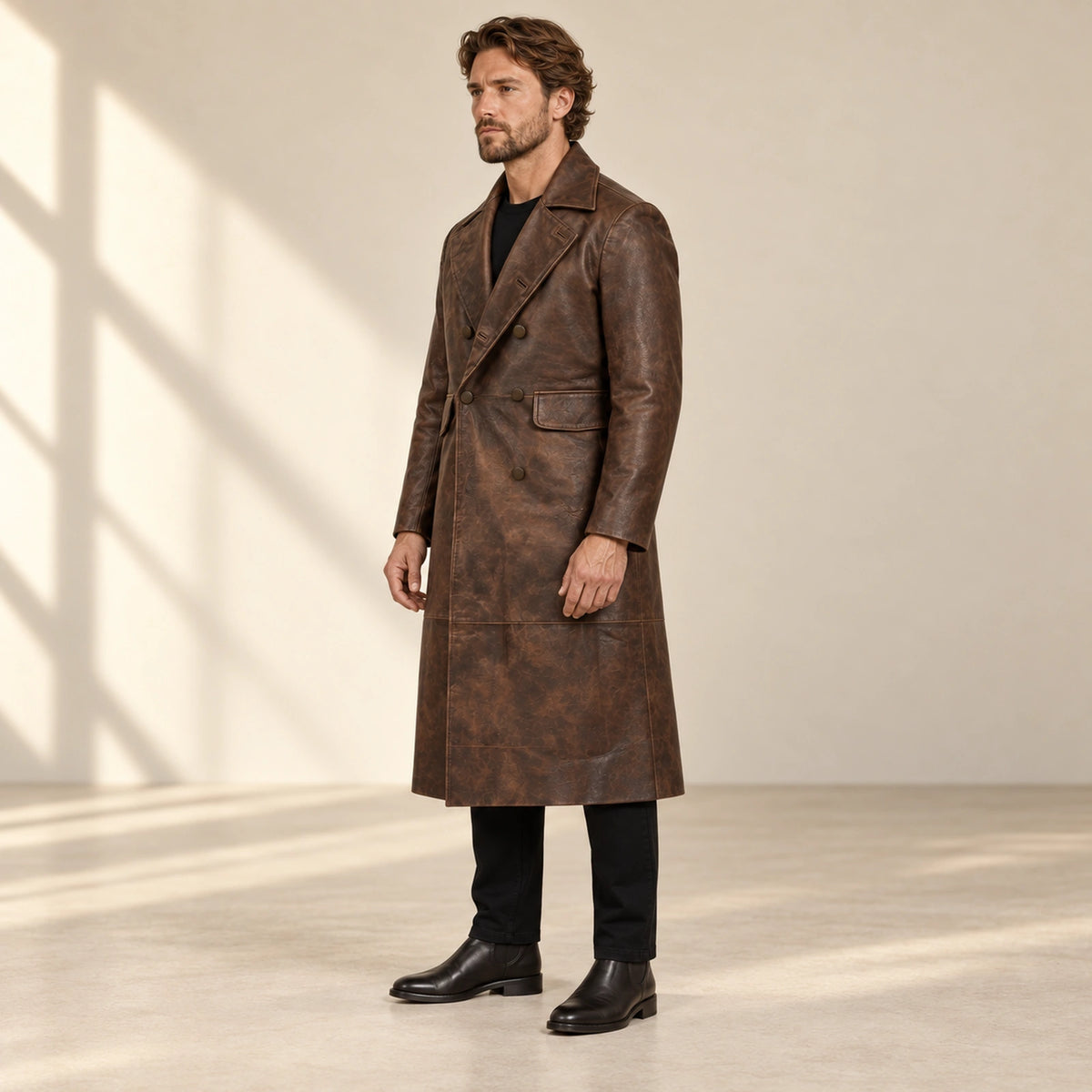 Prestwick dark brown leather long coat three-quarter side view
