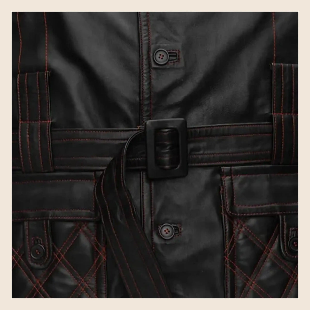 MOTOGRIP Redmere men's Black Quilted Sheepskin Leather Trench Coat, close-up of the waist belt.
