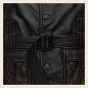 MOTOGRIP Redmere men's Black Quilted Sheepskin Leather Trench Coat, close-up of the waist belt.