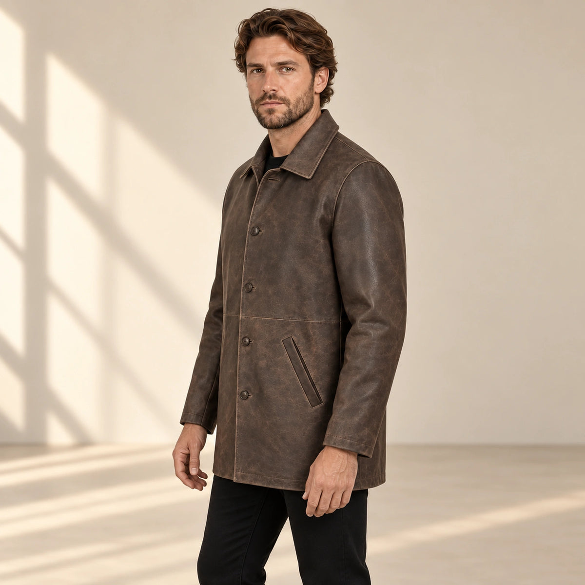 Winfield brown Napa leather coat three-quarter side view