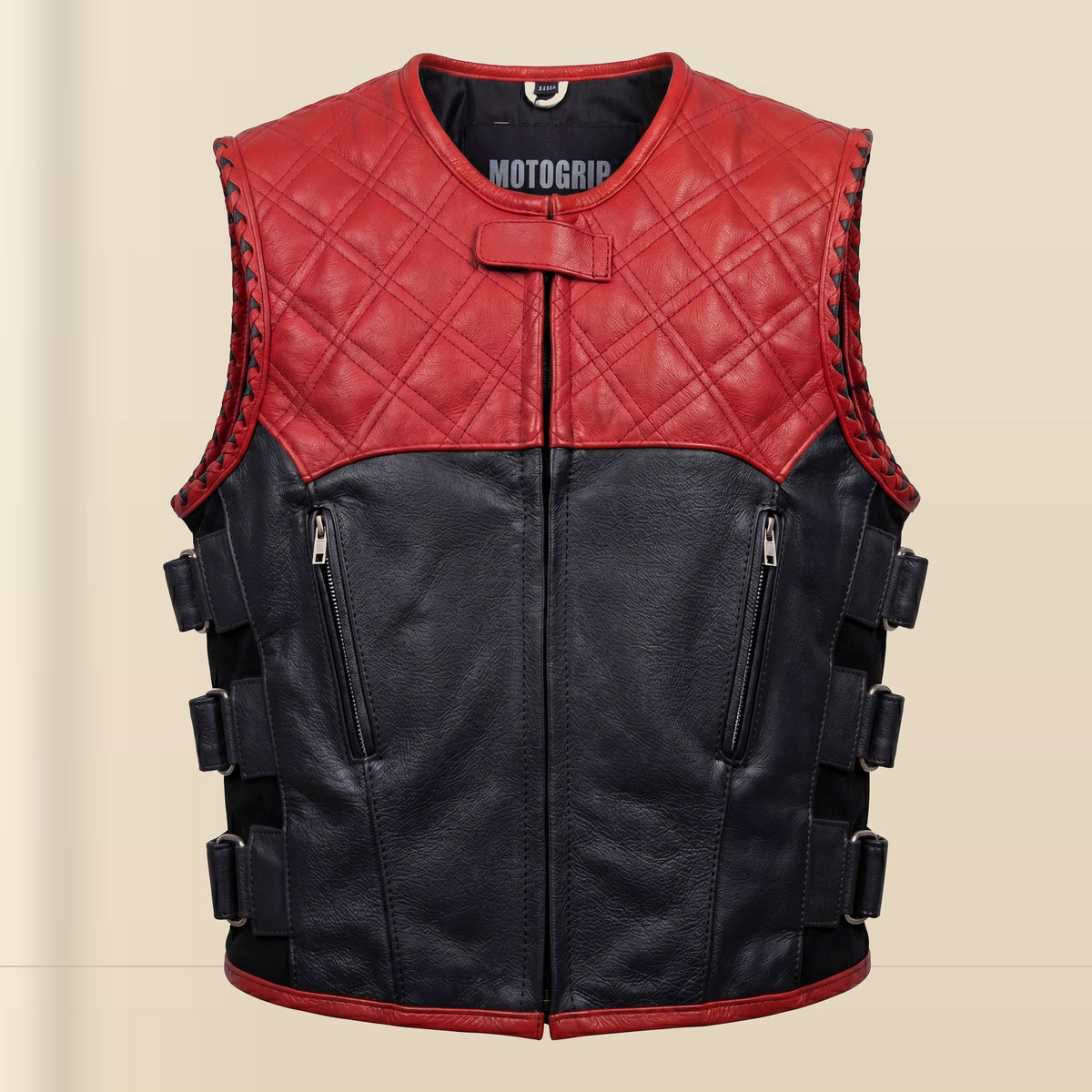 Men's Red & Black SWAT Cowhide Leather Motorcycle Vest - red black swat leather vest close up view by MOTOGRIP GEAR