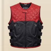Men's Red & Black SWAT Cowhide Leather Motorcycle Vest - red black swat leather vest close up view by MOTOGRIP GEAR