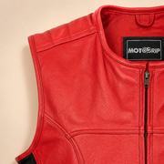 Men's Red SWAT Cowhide Leather Motorcycle Vest - red swat leather vest close up view by MOTOGRIP GEAR