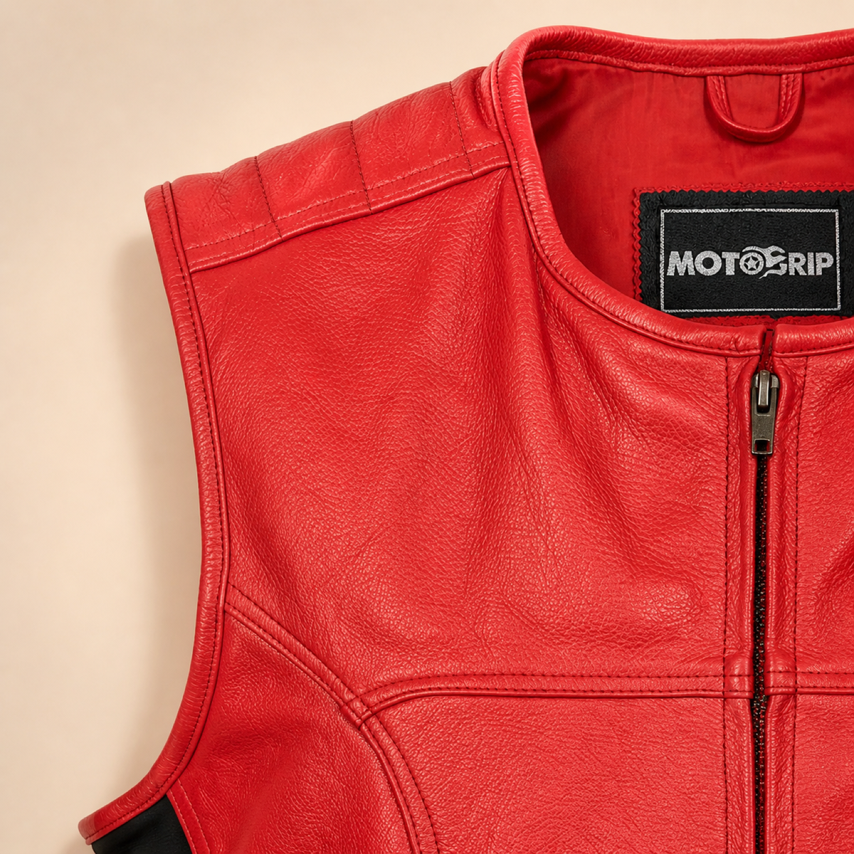 Men's Red SWAT Cowhide Leather Motorcycle Vest - red swat leather vest close up view by MOTOGRIP GEAR