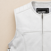 Men's White SWAT Cowhide Leather Motorcycle Vest - white swat leather vest close up view by MOTOGRIP GEAR