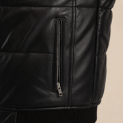 Men's Semi-Aniline Sheepskin Leather Puffer Bomber Jacket - black pocket cuff close up view by MOTOGRIP GEAR