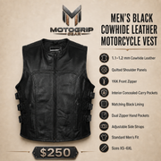 Men's Black SWAT Cowhide Leather Motorcycle Vest - black swat leather vest infographic view by MOTOGRIP GEAR