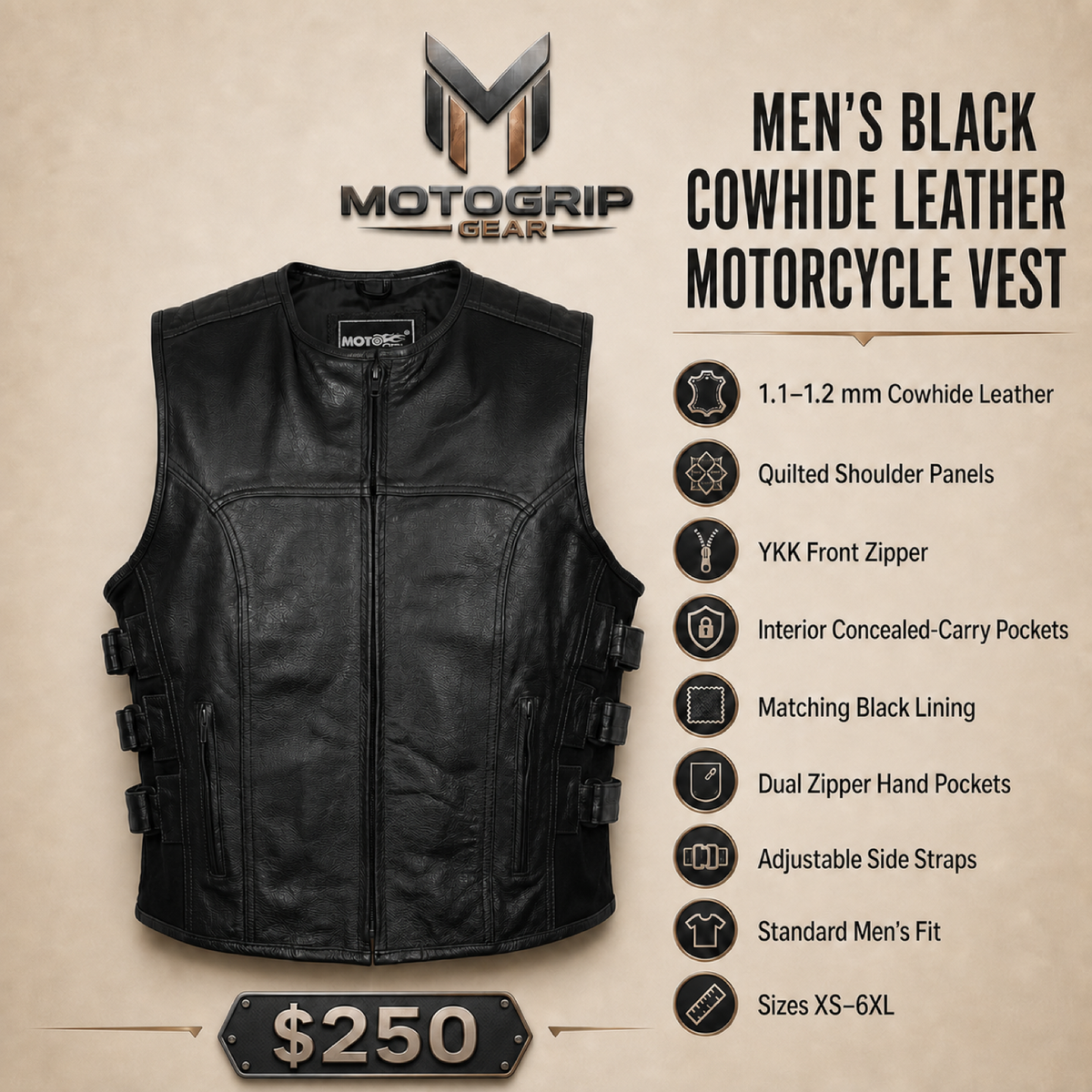 Men's Black SWAT Cowhide Leather Motorcycle Vest - black swat leather vest infographic view by MOTOGRIP GEAR