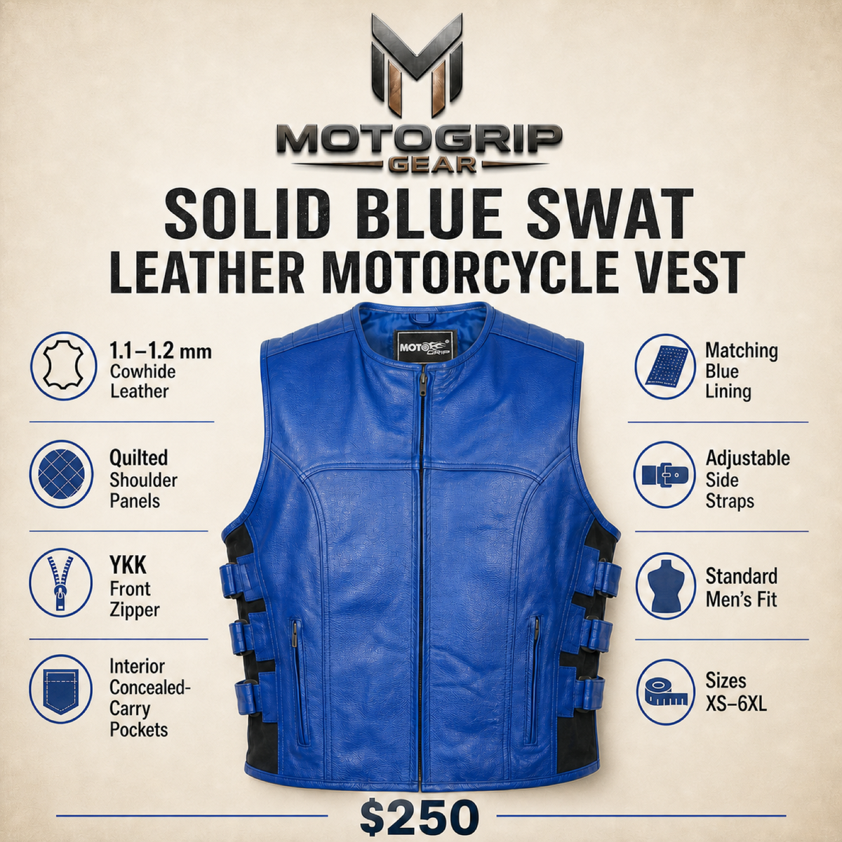 Men's Blue SWAT Cowhide Leather Motorcycle Vest - blue swat leather vest infographic view by MOTOGRIP GEAR