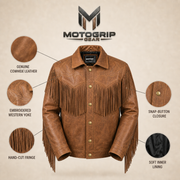 Men's Distressed Cowhide Western Fringe Jacket - brown fringe jacket infographic view by MOTOGRIP GEAR