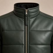 Men's Semi-Aniline Sheepskin Leather Puffer Bomber Jacket - forest green collar zip close up view by MOTOGRIP GEAR