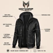 Men's Black and Charcoal-Grey Removable-Hood Lambskin Bomber Jacket - infographic view by MOTOGRIP GEAR