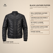 Men's Black Chevron Quilted Sheepskin Leather Puffer Jacket - infographic view by MOTOGRIP GEAR