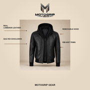 Men's Black Quilted-Shoulder Removable-Hood Lambskin Bomber Jacket - infographic view by MOTOGRIP GEAR