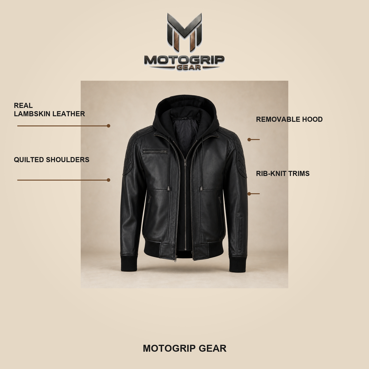 Men's Black Quilted-Shoulder Removable-Hood Lambskin Bomber Jacket - infographic view by MOTOGRIP GEAR