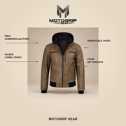 Men's Camel Wax Removable-Hood Lambskin Leather Bomber Jacket - infographic view by MOTOGRIP GEAR
