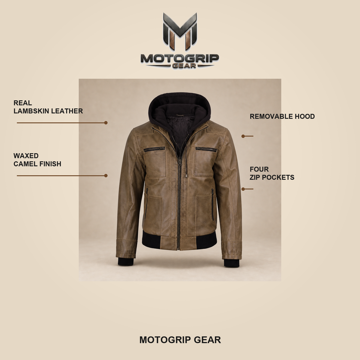 Men's Camel Wax Removable-Hood Lambskin Leather Bomber Jacket - infographic view by MOTOGRIP GEAR