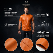 Men's Genuine Lambskin Leather Biker T-Shirt — Orange - infographic view by MOTOGRIP GEAR