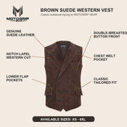 Men's Brown Suede Leather Western Cowboy Waistcoat Vest - infographic view by MOTOGRIP GEAR
