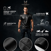 Men's Genuine Lambskin Leather Biker T-Shirt — Black - infographic view by MOTOGRIP GEAR