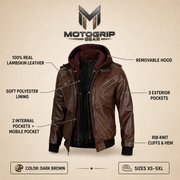 Men's Dark Brown Removable-Hood Lambskin Leather Bomber Jacket - infographic view by MOTOGRIP GEAR