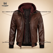 Men's Tall Dark Brown Lambskin Hooded Bomber Jacket - infographic view by MOTOGRIP GEAR