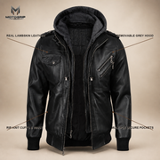 Men's Black Lambskin Leather Bomber Jacket With Removable Grey Hood - infographic view by MOTOGRIP GEAR
