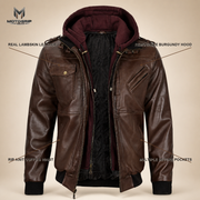 Men's Dark Brown Lambskin Bomber Jacket With Removable Burgundy Hood - infographic view by MOTOGRIP GEAR