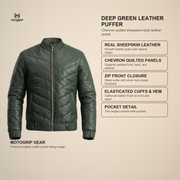 Men's Deep Green Chevron Quilted Sheepskin Leather Puffer Jacket - infographic view by MOTOGRIP GEAR