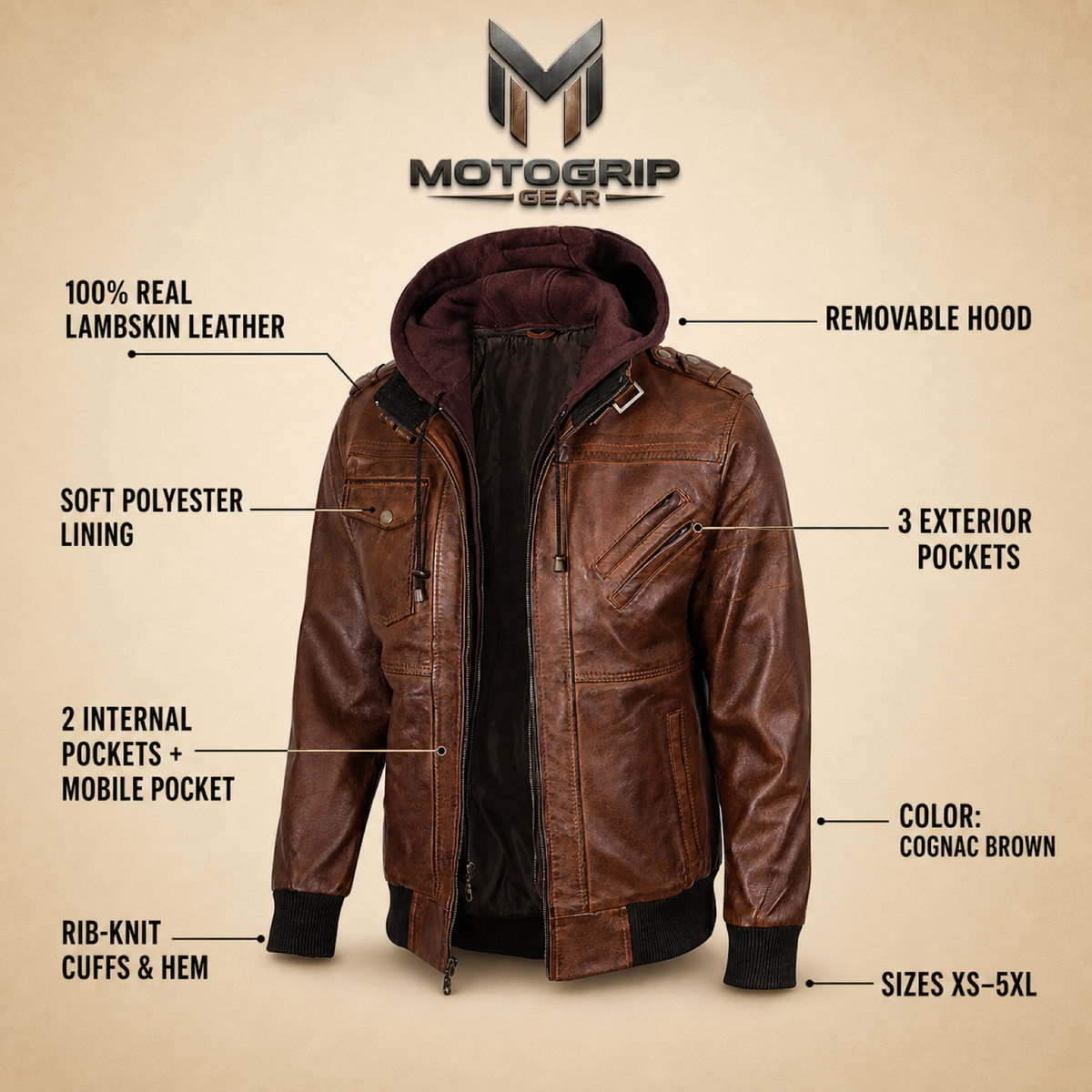 Men's Cognac Brown Removable-Hood Lambskin Leather Bomber Jacket - infographic view by MOTOGRIP GEAR
