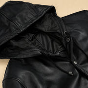 Men's Black Leather Varsity Jacket With Hood - inner view by MOTOGRIP GEAR