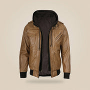 Men's Camel Brown Leather Jacket With Removable Hood - inner view by MOTOGRIP GEAR