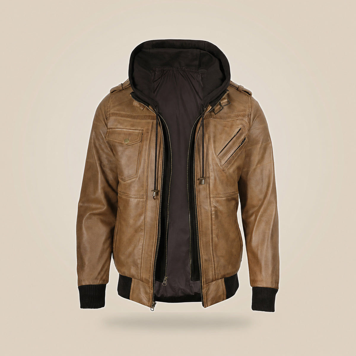 Men's Camel Brown Leather Jacket With Removable Hood - inner view by MOTOGRIP GEAR