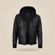 Men's Black Real Leather Bomber Jacket With Detachable Hood - inner view by MOTOGRIP GEAR